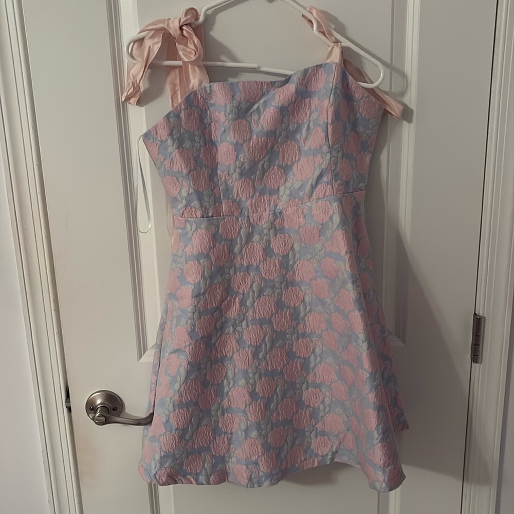 Lulu's Pink and Blue Floral Dress with Ribbon Straps